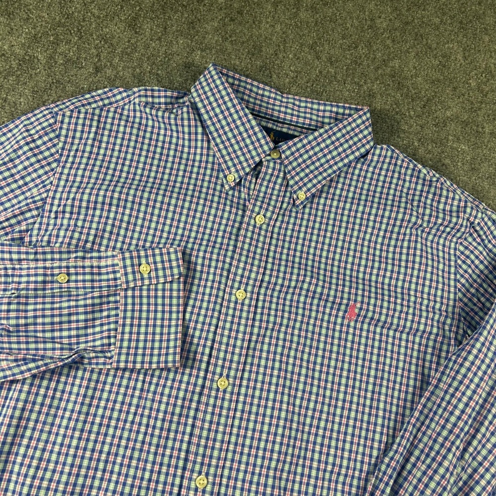 Ralph Lauren Performance Shirt Mens XXL Blue Pink Plaid Button Down Stretch Pony